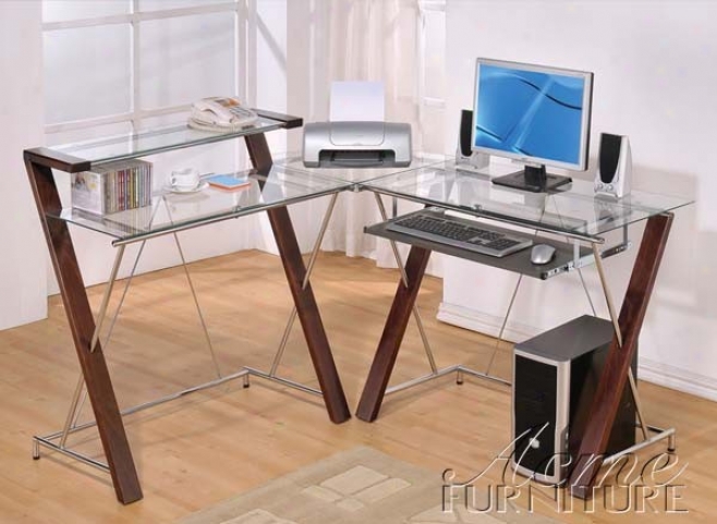 Computer Desk Corner With Glass Top In Cherry Finish