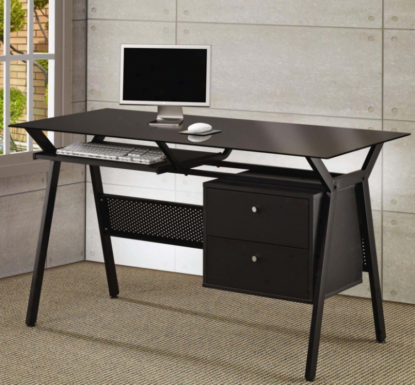 Computer Desk With Black Glass Top In Black Powder Coated Metal