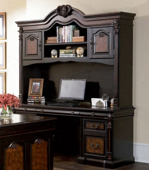 Computer Desk With Hutch Detailed Carvings In Two Tone Finish