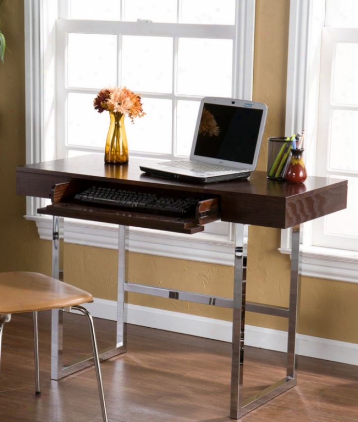 Computer Desk With Keyboard Drawer In Espresso And Chrome Finish