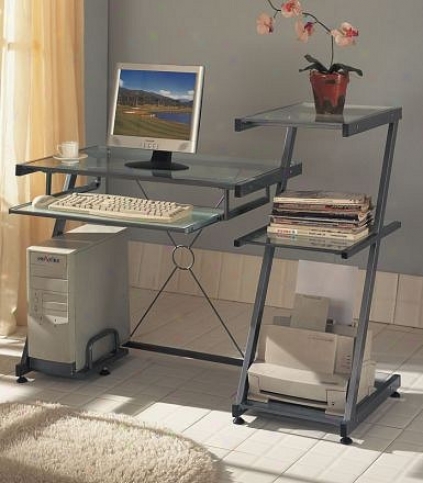 Contemporary Grey Metal Computer Desk W/book Shelf & Keyboard Tray