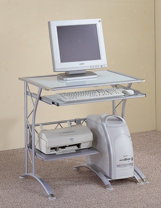 Contemporary Silver Metal Computer Desk Office Table W/pull Out Keyboard Tray