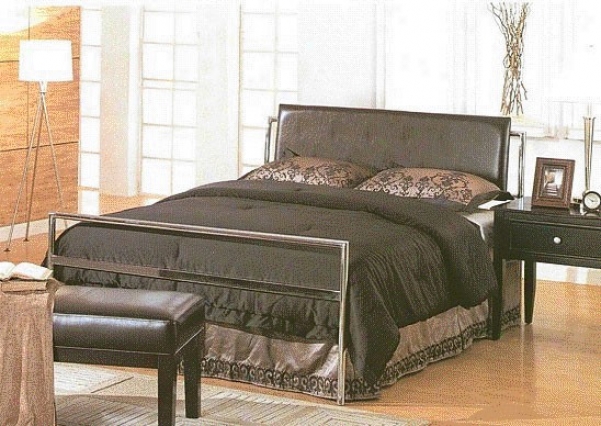 Dark Brown Faux Leather & Metal Queen Size Bed Headboard & Footboard