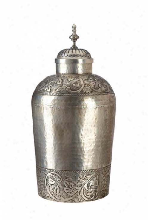 Decorative Urn Upon Lid Hammered Design In Antique Silver