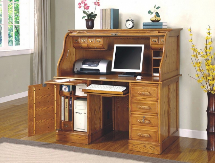 Deluxe Oak Finish Roll Top Home fOfice Computer Writing Desk Suite