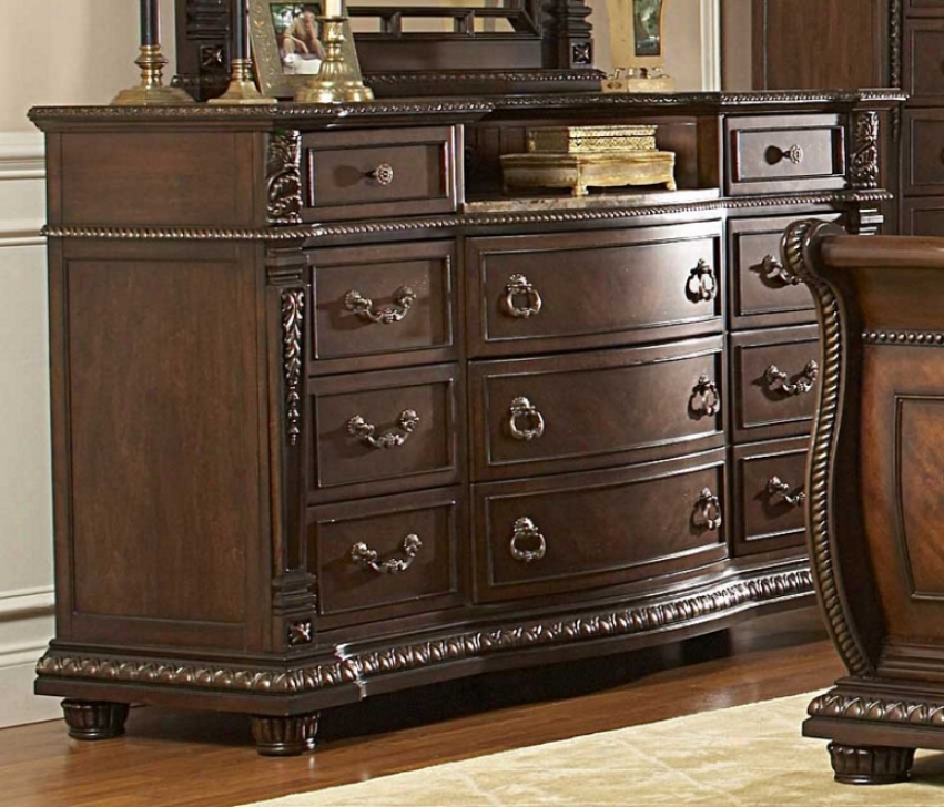 Drawer Dresser With Inset Marble Top In Rich Brown Finish