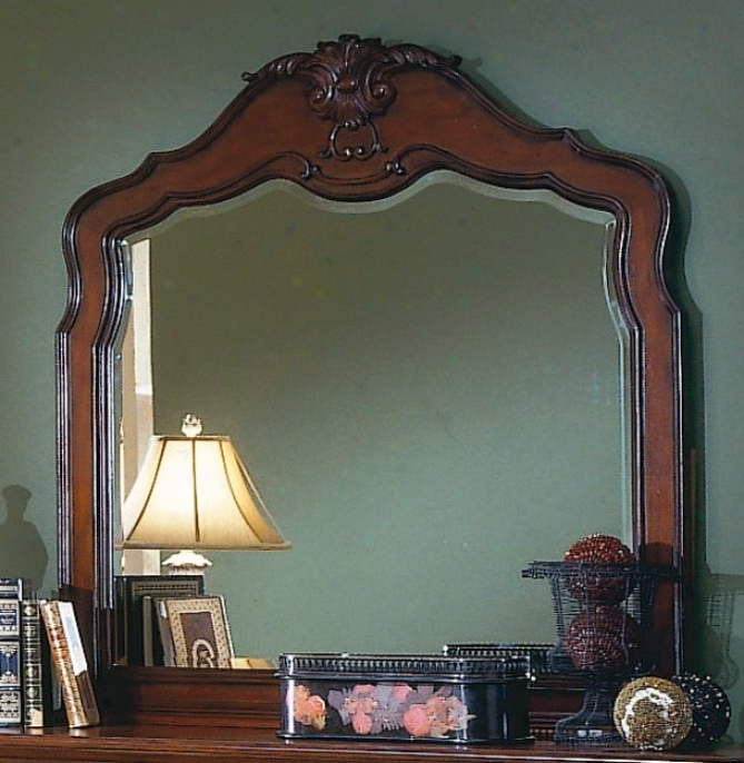 Dresser Mirror Carved Arvhed Top In Warm Cherry Finish