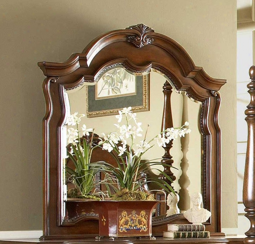 Dresser Mirror With Delicate Carvings In Warm Brown Finish