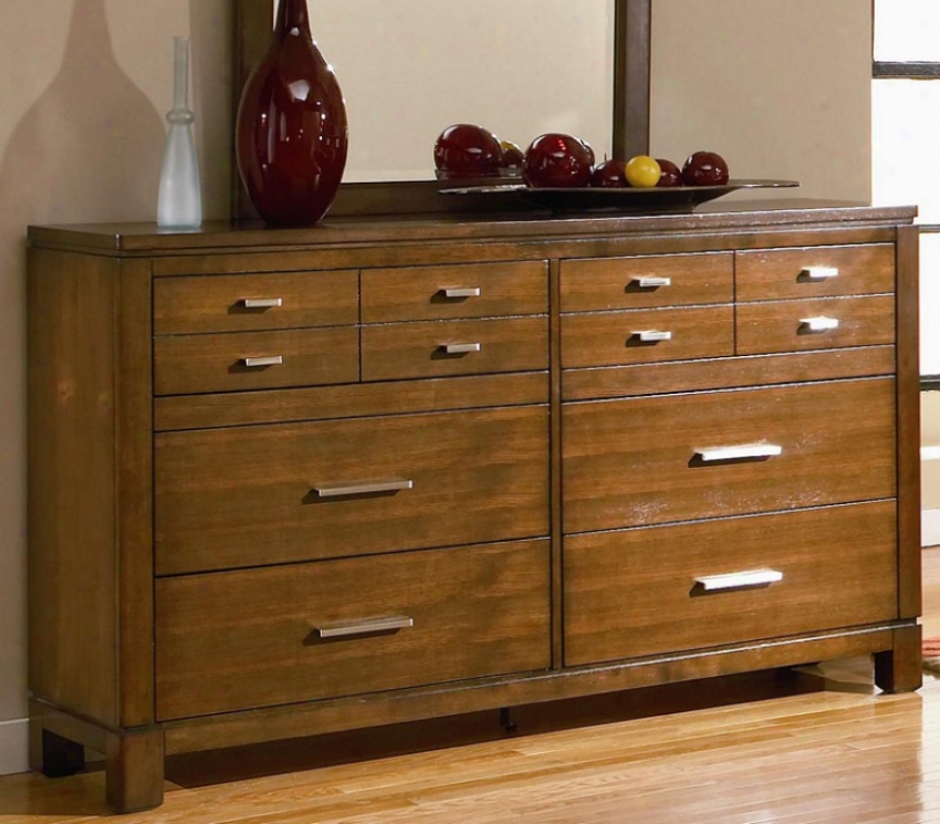 Dresser With Silver Metal Hardware In Bown Oak Finish