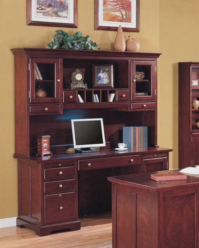 Elegant Cherry Finish Home Office Credenza Desk With Hutxh