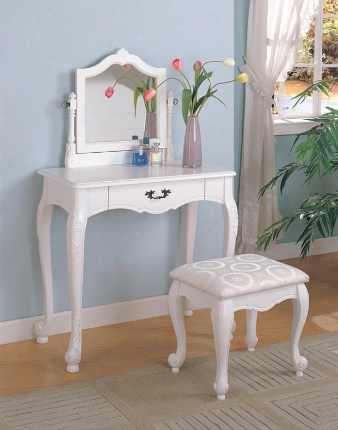 """elegant White Storage Vanity Table, Mirror & Stool Set"""