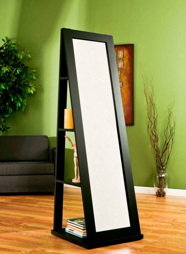 Floor Swivel Mirror With Shelves Black Laminated Finish