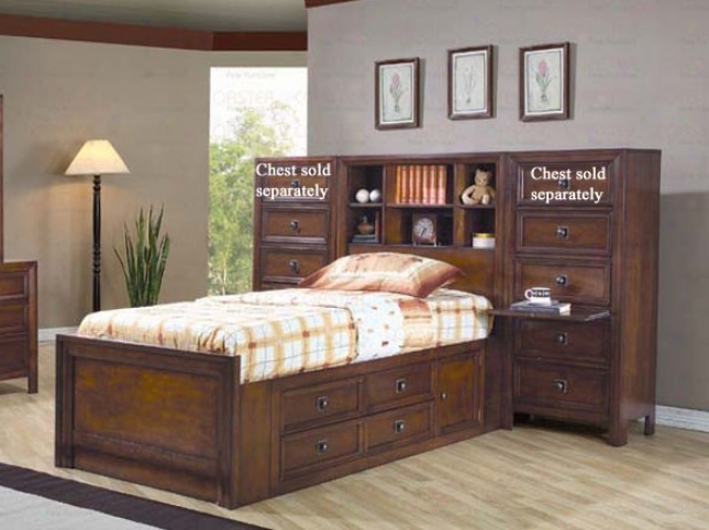 Full Size Bed With Bookcase Headboard In Walnut Finish