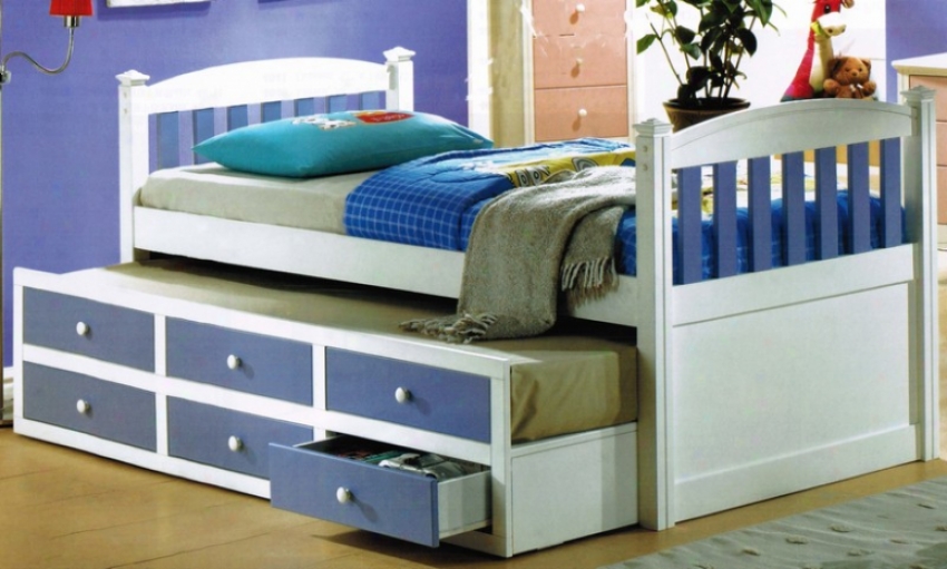 Full Size Bed With Trundle And Drawers In Blue White Polish