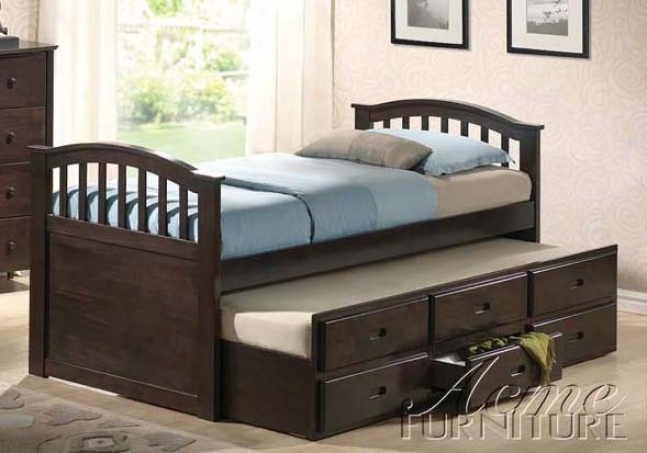 Full Size Bed Through  Trundle And Drawers In Dark Walnut Finish