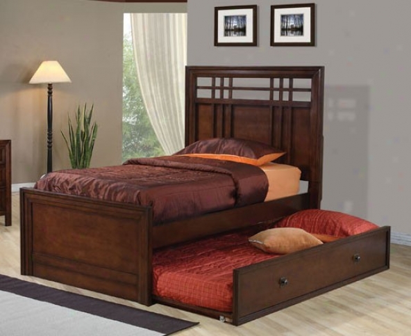 Full Size Bed With Trundle Variegate Design In Walnut Finish