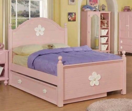 Full Size Bed With Trundle Flower Emblem In Pink Finish