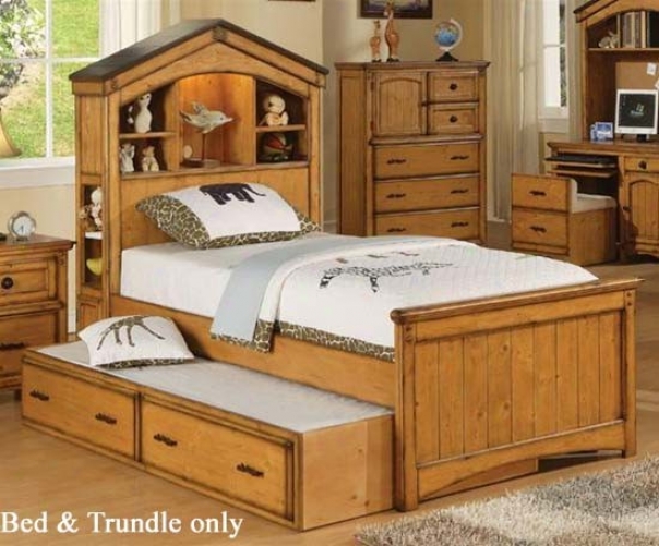 Full Size Bed With Trundlw Tree House Style In Rustic Oak Finish