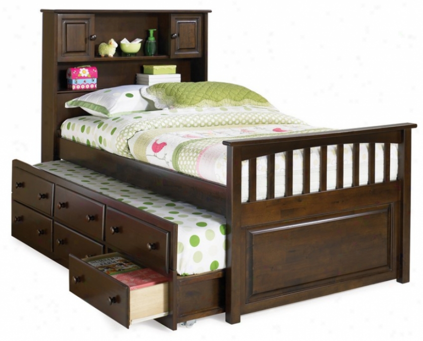 Full Size Captain's Bed Witb 3 Drawer Trundle Bdd Antique Walnut Finish