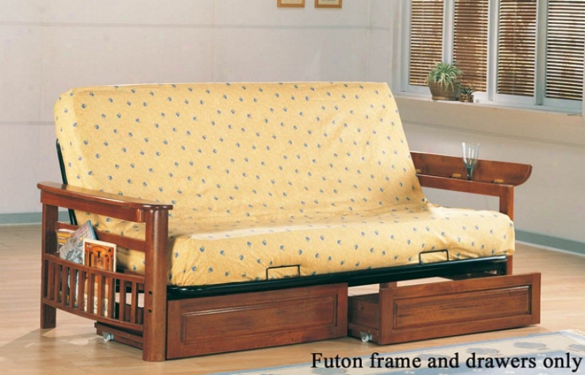 Futon Frame With Drawers And Mavazine Rack - Oak