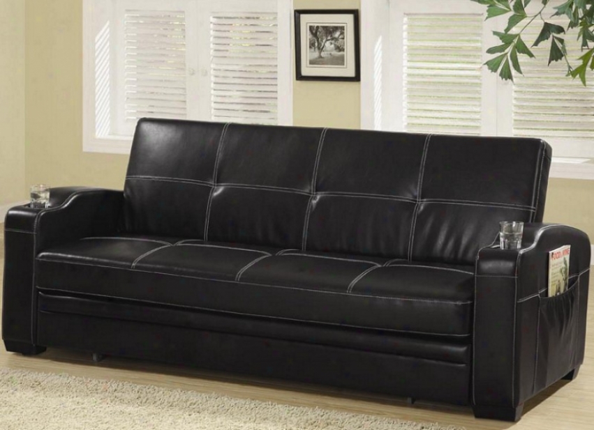 Futon Sofa Bed With Storage Pocket And Cup Holder In Dark Leather Like