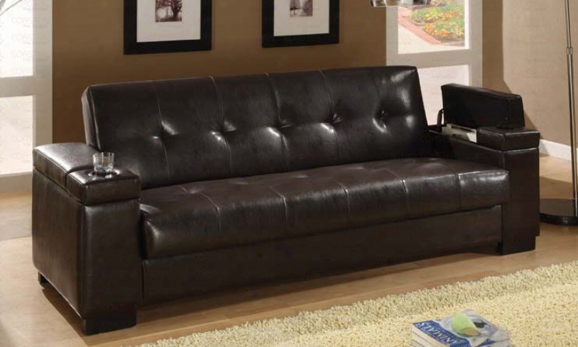Futon Sofa Bed With Storage Space In Gloomy Brown Bycast Leather