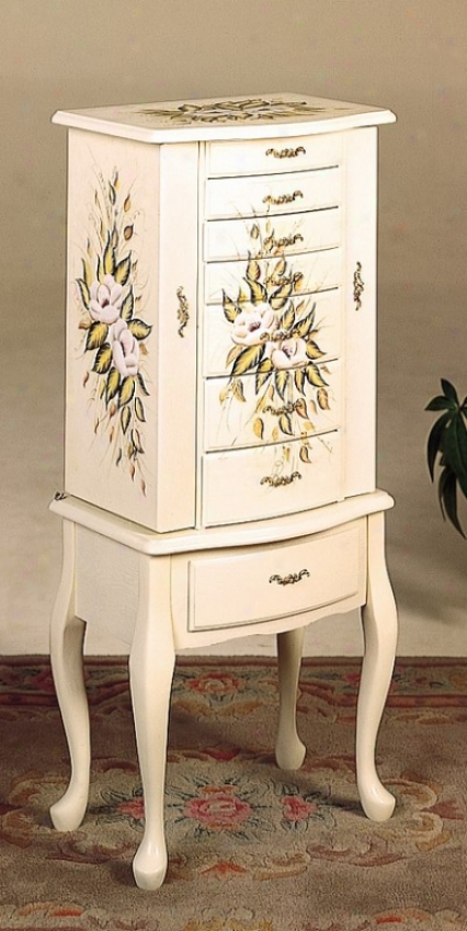 Hand Painted Floral Ivory Finish Jewelry Armoire