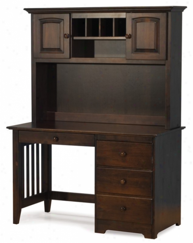 Hardwood Desk & Hutch Set Windsor Style Antique Walnut Finish