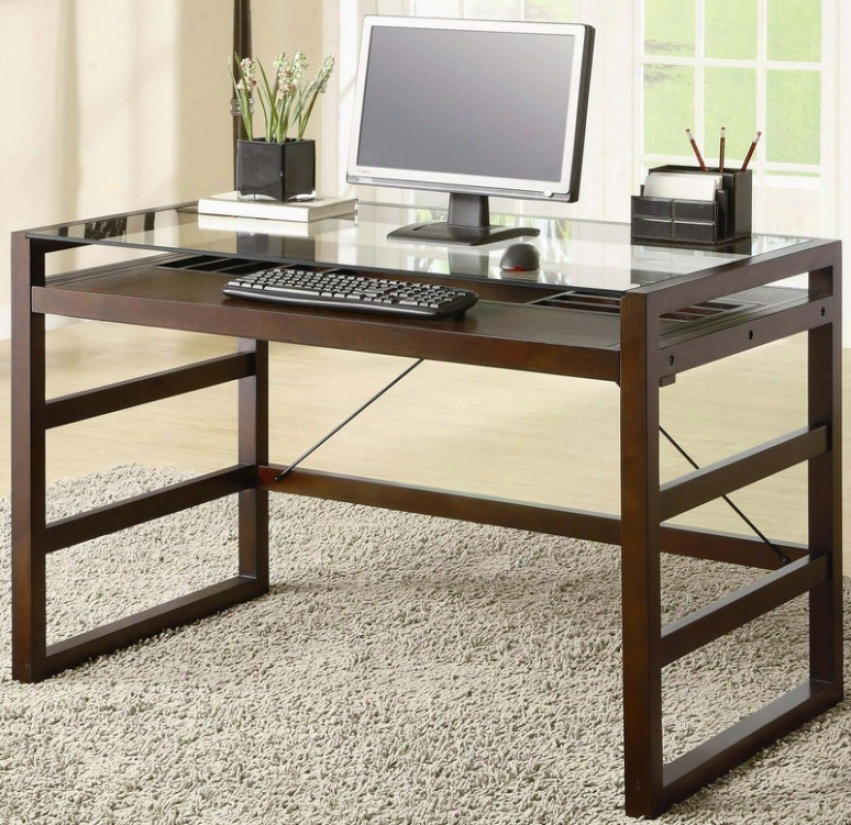 Home Office Desk With Glass Top In Warm Dark Wood Finish