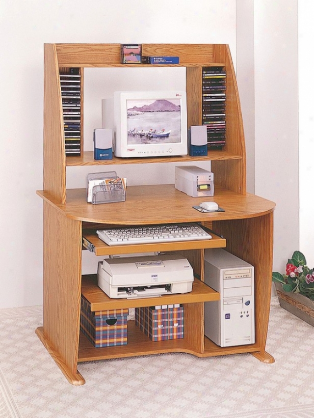 Home Office Oak Finish Wood Computer Desk W/bookcase & Printer Storag3