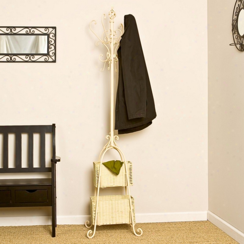 Ivory Finish Hall Tree Coat Rack With Rattan Storage