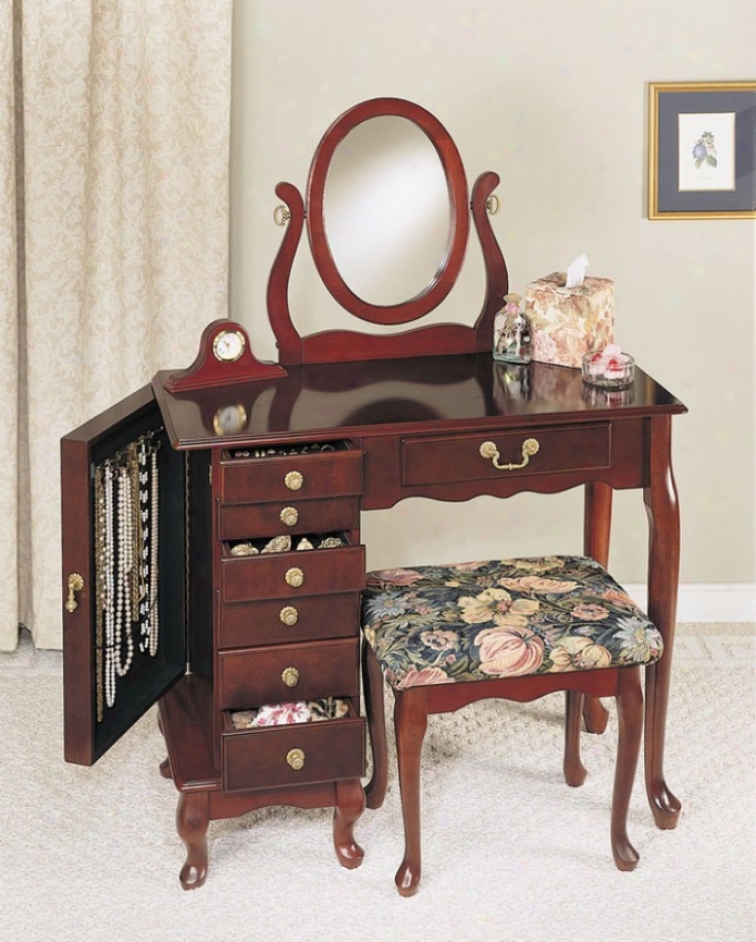 Jewelry Armoire Vanity Set With Queen Anne Style In Heirloom Cherry Finish