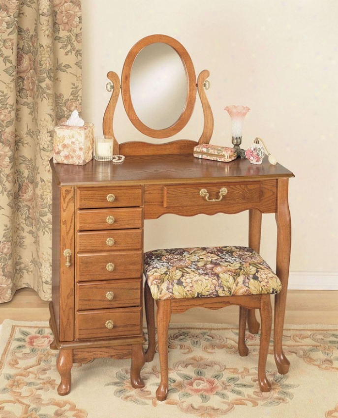 Jewelry Armoire Vanity Set With Queen Anne Style In Nostalgic Oak Finish