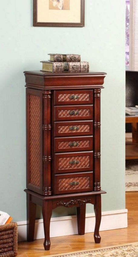 Jewelry Armoire With Bamboo-like Pillars In Cherry Finish