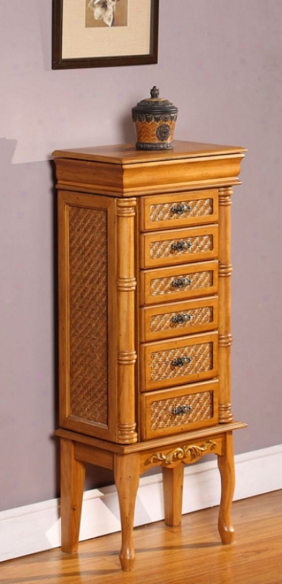 Jewelry Armoire With Bamboo-like Pillars In Light Brown Finish