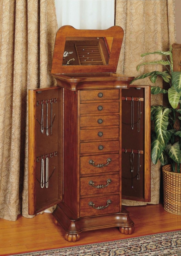 Jewelry Armoire With Burl Inlay Parqjet In Wilmington Cherry Finish