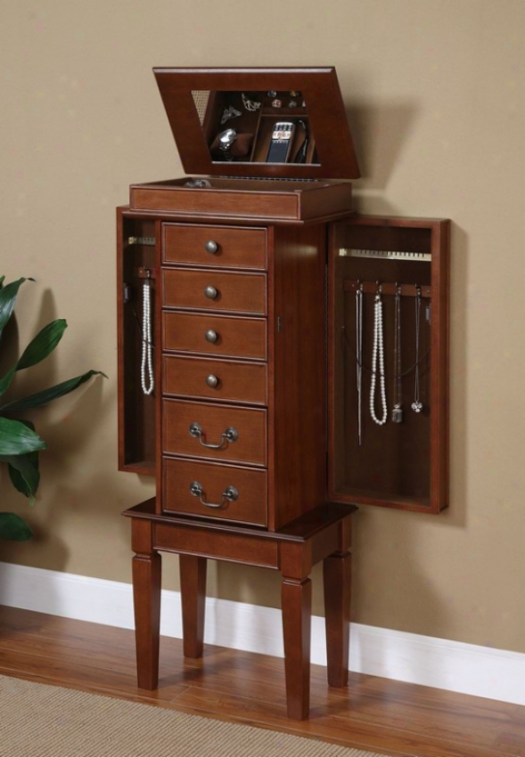 Jewelry Armoire With Contemporary Style In Walnut Finish