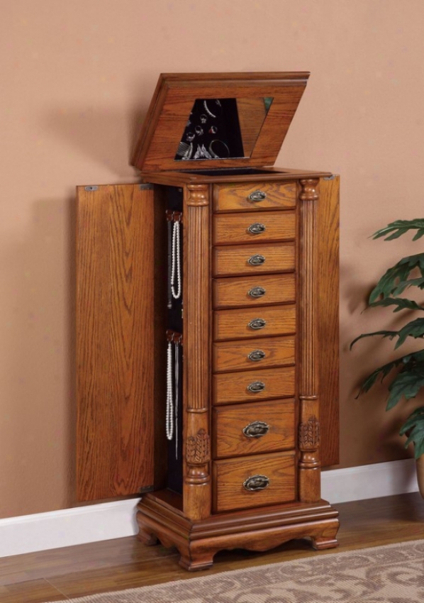 Jewelry Armoire With Detalied Rice Carving In Nostalgic Oak Finish