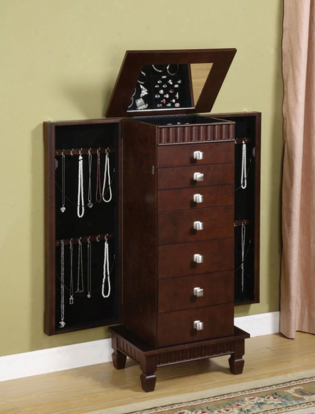 Jewelry Armoire Through  Fluted Top And Skirt In Merlot Finish