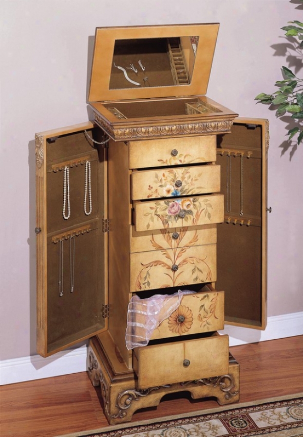 Jewelry Armoire With Hand Painted Floral Arrangement In Parchment Finish