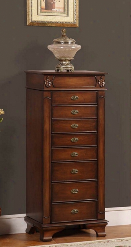 Jewelry Armoire With Leaff Carvings In Coffee Finish