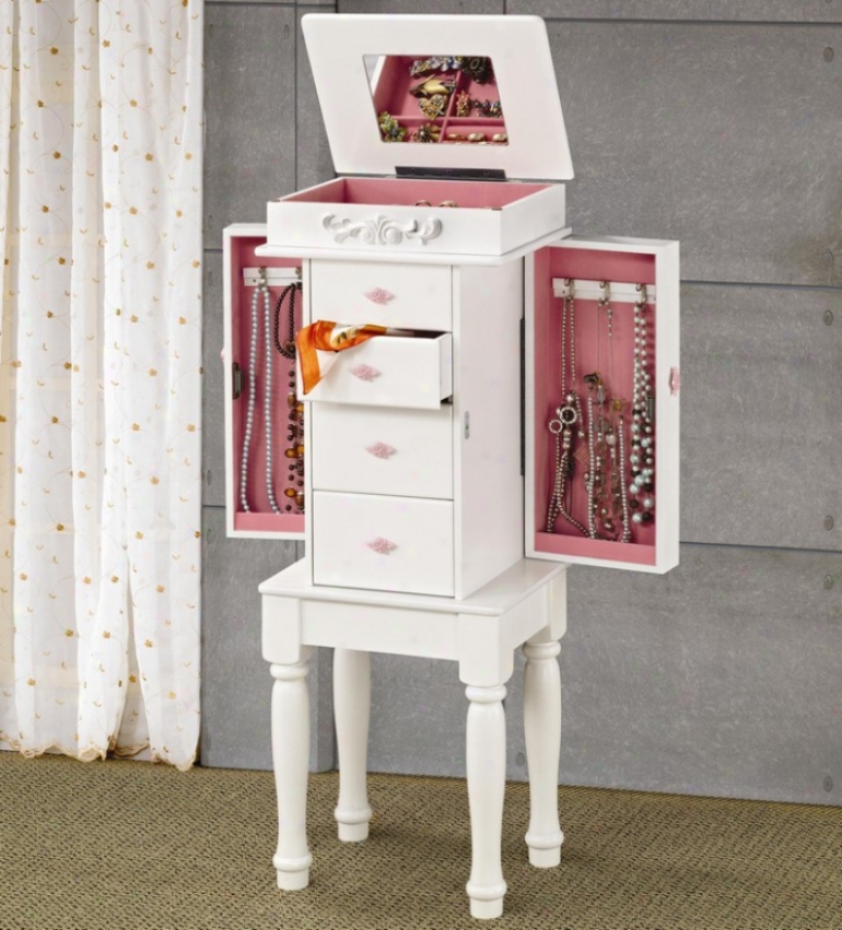 Jewelry Armoire With Pink Hardware In Matte White Finish