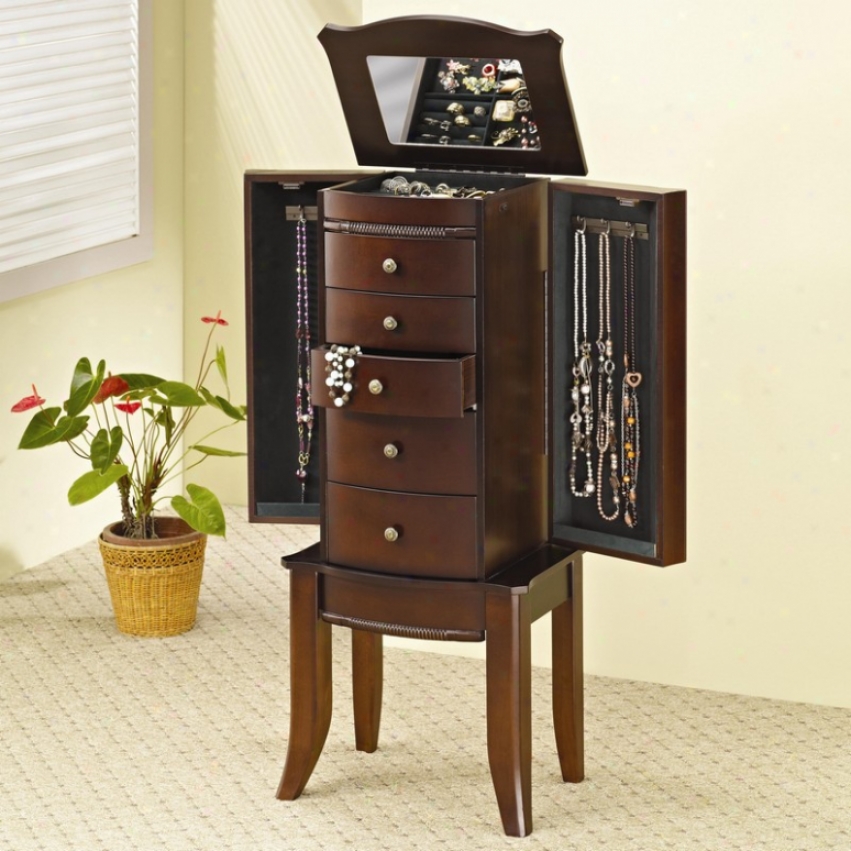 Jewelry Armoire By the side of Saber Legs In Warm Brown Finish