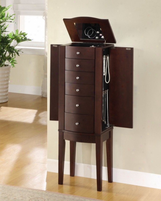 Jewelry Armoire With Sle3k Rounr Drawer Pulls In Merlot Finish