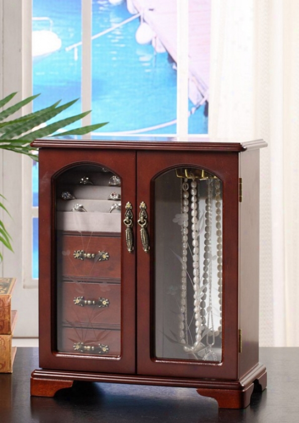 Jewelry Box With Glass Doors In Mahogany Finish