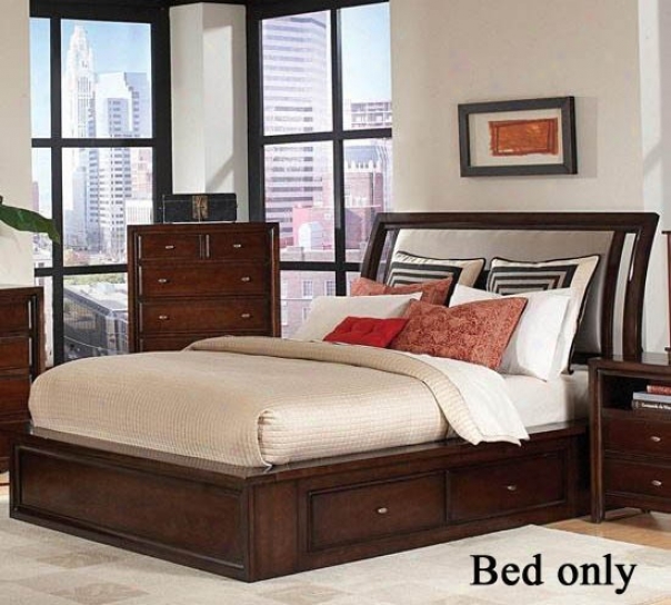 King Size Bed With Fabric Headboard In Mahogany Finish