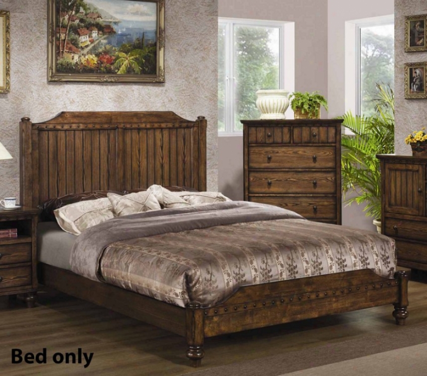 King Size Bed Wirh Planked Details In Medium Brown Finish