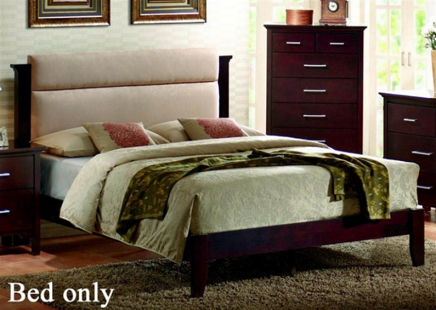 King Size Platform Bed In Beige Microfiber Mahogany Finish