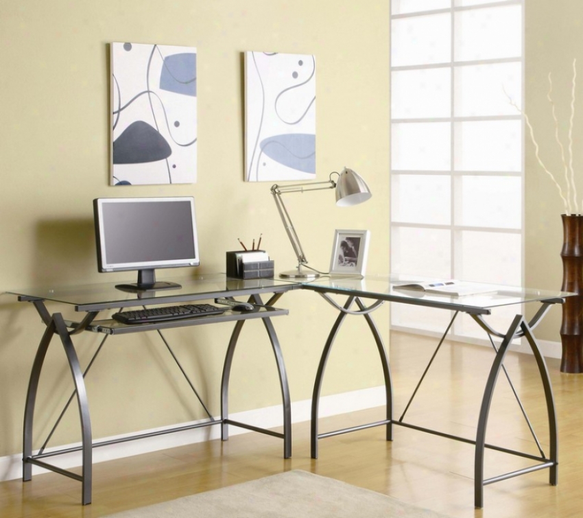 L-shape Computer Desk With Glass Top In Gunmetal Finish