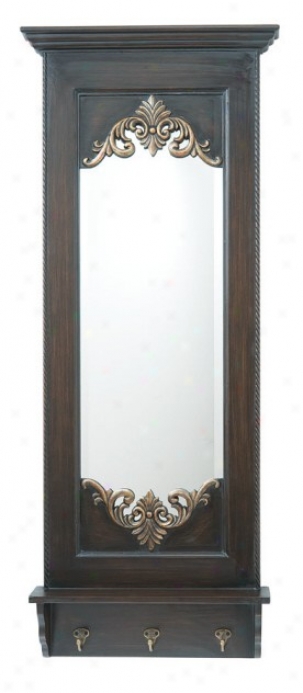 Ledge Style Mirror With Hooks In Dark Brown Stained Finish